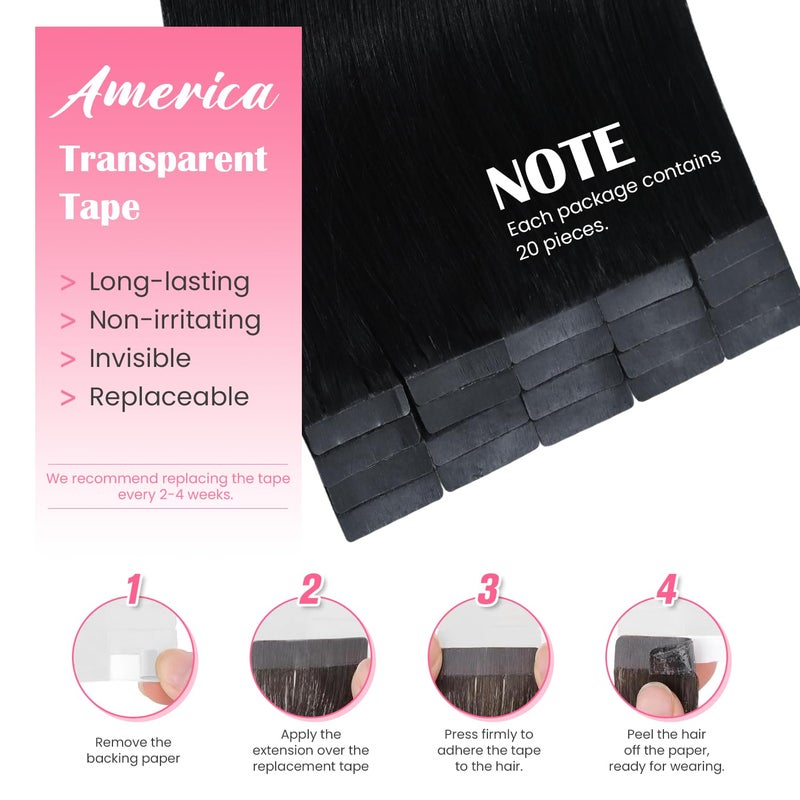Aison Jet Black Tape in Hair Extensions Human Hair 16 Inch 30G Black Invisible Tape in Extensions for Women 20 Pcs/Package - Image 3
